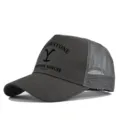 Classic grey mesh trucker hat with Yellowstone Dutton Ranch printed front logo for breathable outdoor wear. - Adjustable / Dark Gray