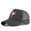 Detailed view of grey mesh baseball cap with American eagle graphic print for men and women. - Adjustable / Dark Gray (CP729-5)