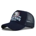 Navy blue mesh baseball cap with eagle Omaha Beach print, breathable summer trucker hat. - Adjustable / Navy Blue (CP713-3)