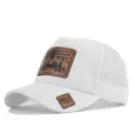Closeup detail shot of the white trucker mesh baseball cap with stylish leather patch design. - Adjustable / White (CM802-9)