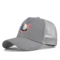 Grey trucker hat detail showing eagle print front panel and breathable mesh back design. - Adjustable / Light Gray (CP729-6)