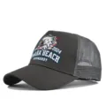 Close-up detail of dark grey trucker baseball hat with military eagle print and mesh back. - Adjustable / Dark Gray (CP713-5)