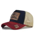 Classic outdoor mesh baseball cap with leather patches, breathable trucker hat for summer. - Adjustable / Wine Red Navy Beige Mesh (CM802-11)