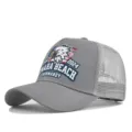 Grey trucker baseball cap with mesh back and vintage Omaha Beach eagle graphic print. - Adjustable / Light Gray (CP713-6)