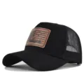 Black trucker hat with hunting leather patch, breathable mesh back, adjustable summer cap. - Adjustable / CM816-1 Black