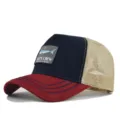 Klassische Trucker Baseballkappe mit Netzrücken, gesticktem Haifisch-Patch und Kontrastschirm. - CM715-11 Weinrot und Marineblau / Verstellbar