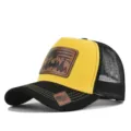 Close-up detail of the brown leather patch featuring mountain, deer, and flag design on cap. - Adjustable / Black Yellow Black Mesh (CM802-13)
