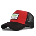 Red and black trucker baseball cap with mesh back and embroidered fishing logo patch. - Adjustable / Black and Red with Red Stitching