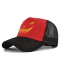 Halloween pumpkin print baseball cap with breathable mesh back, red and black trucker hat. - Black Red - Red Stitching