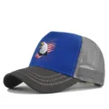 Detailed view of breathable mesh trucker hat with eagle and flag print for men and women. - Adjustable / Dark Gray/Blue-Embroidery Thread (CP729-12)