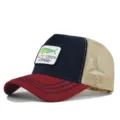 Summer breathable mesh baseball cap with dolphinfish embroidery patch and stylish contrast brim. - Adjustable / Wine Red/Navy Blue