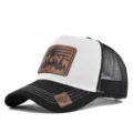 Detailed view of the mesh baseball cap with outdoor deer and flag leather patch design. - Adjustable / Black White Black Mesh (CM802-16)