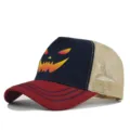 Halloween printed baseball cap with mesh back, breathable trucker hat for men and women outdoors. - Adjustable / Baseball Cap (CP714-11) / Wine Red Splicing Navy Blue