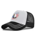 Detailed view of the breathable mesh trucker hat featuring front eagle and flag graphic. - Adjustable / Black/White-Embroidery Thread (CP729-13)
