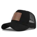 Black mesh baseball cap with brown tree leather patch trucker hat summer outdoor sun hat. - Adjustable / Black (CM813-1)