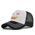 Close-up detail of Halloween pumpkin print mesh baseball cap with stylish zigzag brim stitching. - Adjustable / Baseball Cap (CP714-13) / Black Patchwork White