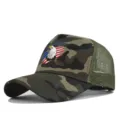 Close-up detail of camouflage mesh trucker hat featuring front American eagle graphic print. - Adjustable / Khaki Camouflage (CP729-15)