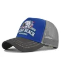 Detailed view of the eagle print mesh baseball cap, breathable trucker hat with curved brim. - Adjustable / Dark Gray & Blue - Embroidery Thread (CP713-12)