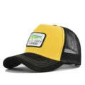 Yellow black trucker hat mesh baseball cap with fish embroidery summer outdoor sun protection cap - Adjustable / Black and Yellow