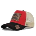 Red and black trucker hat with mesh back, leather deer mountain patch, summer baseball cap. - Adjustable / Black Red Beige Mesh Red Thread (CM802-19)