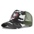 Camouflage mesh trucker hat detail view featuring an American eagle and flag graphic print. - Adjustable / White Camouflage (CP729-16)