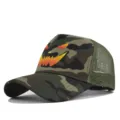 Camouflage mesh baseball cap with Halloween pumpkin print, breathable trucker hat for men and women. - Khaki Camouflage