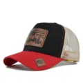 Classic trucker baseball hat with leather deer mountain patch mesh summer sun cap - Adjustable / Red Black Beige Mesh (CM802-20)