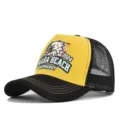Detailed view of the yellow and black mesh baseball cap featuring front eagle print and brim stitching. - Adjustable / Black & Yellow (CP713-14)