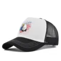 Detailed view of breathable mesh trucker hat with American eagle print and curved black brim. - Adjustable / Black/White-White Stitch (CP729-18)