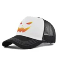 Close-up detail of Halloween pumpkin face print mesh baseball cap, breathable black and white. - Black White - White Stitching