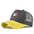 Detail view of the gray and yellow mesh trucker hat featuring front eagle and flag graphic print. - Adjustable / Yellow/Gray (CP729-19)