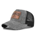 Grey mesh baseball cap with brown leather patch, classic trucker hat for summer outdoor. - Heather Gray Black Mesh
