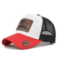 Detail view of the outdoor trucker hat with leather patch, deer design and mesh. - Adjustable / Red White Black Mesh (CM802-25)