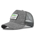 Grey trucker hat with mesh back, fishing embroidery patch and curved brim for summer outdoor. - Adjustable / Heather Gray Gray Mesh