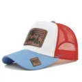 Detailed view of the multi-color mesh baseball cap with vintage leather patch for summer. - Adjustable / Sky Blue White Red Mesh (CM802-27)