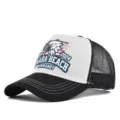 Classic Omaha Beach eagle print trucker hat, breathable mesh snapback baseball cap for men and women. - Adjustable / Black & White - White Stitching (CP713-18)