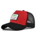 Red and black trucker hat fishing mesh snapback cap with custom embroidered fish logo - Adjustable / Black & Red (Black Stitch)