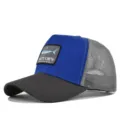 Atmungsaktive Herren Trucker Cap mit Hai Stickerei Logo, stylischer Outdoor Sonnenschutz Hut. - CM715-23 Dunkelgrau & Blau gespleißt mit grauem Netz & grauem Faden / Verstellbar