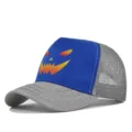 Detailed view of the Halloween pumpkin face trucker hat featuring breathable mesh and grey brim. - Light Gray And Blue-Embroidery Thread