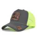 Mesh trucker baseball hat with leather deer patch and neon yellow back for outdoor summer. - Adjustable / Dark Gray Fluorescent Green Mesh (CM802-30)