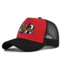 Vista dettagliata del berretto da baseball in rete stampato Mama rosso e nero, cappello estivo. - Regolabile / Nero e Rosso