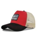 Klassische Mesh Baseballcap mit gesticktem Haifisch-Patch, atmungsaktive Trucker Cap Sommer. - CM75-25 Schwarz & Rot mit beigem Netz & rotem Garn / Verstellbar