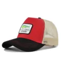 Dolphinfish embroidered trucker hat with breathable mesh back, fishing style baseball cap. - Adjustable / CM74-25 Black & Red Spliced with Beige Mesh & Red Thread