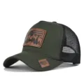 Close-up detail of the leather patch and mesh structure on the vintage outdoor green hat. - Adjustable / Army Green Black Mesh (CM802-31)