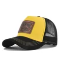 Yellow and black mesh trucker hat with a brown leather fishing patch for outdoor summer wear. - Adjustable / CM817-14 Black & Yellow