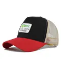 Salty Crew mesh trucker hat with fish embroidered patch, red brim and black front panel. - Adjustable / CM714-26 Red & Black Spliced with Beige Mesh