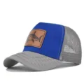 Gorra de béisbol de malla de verano con parche de cuero de tiburón y diseño transpirable. - Ajustable / Gris Claro/Azul Bordado Grande