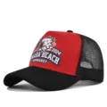 Stylish mesh baseball cap with eagle print and Omaha Beach text, breathable outdoor hat. - Adjustable / Black & Red - Black Stitching (CP713-22)