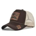 Brown mesh trucker hat featuring a stylish deer and mountain leather patch for outdoor sun. - Adjustable / Coffee Beige Mesh (CM802-32)