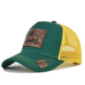 Green and yellow mesh trucker hat with deer mountain leather patch detail, summer outdoor cap. - Adjustable / Green Yellow Mesh (CM802-34)